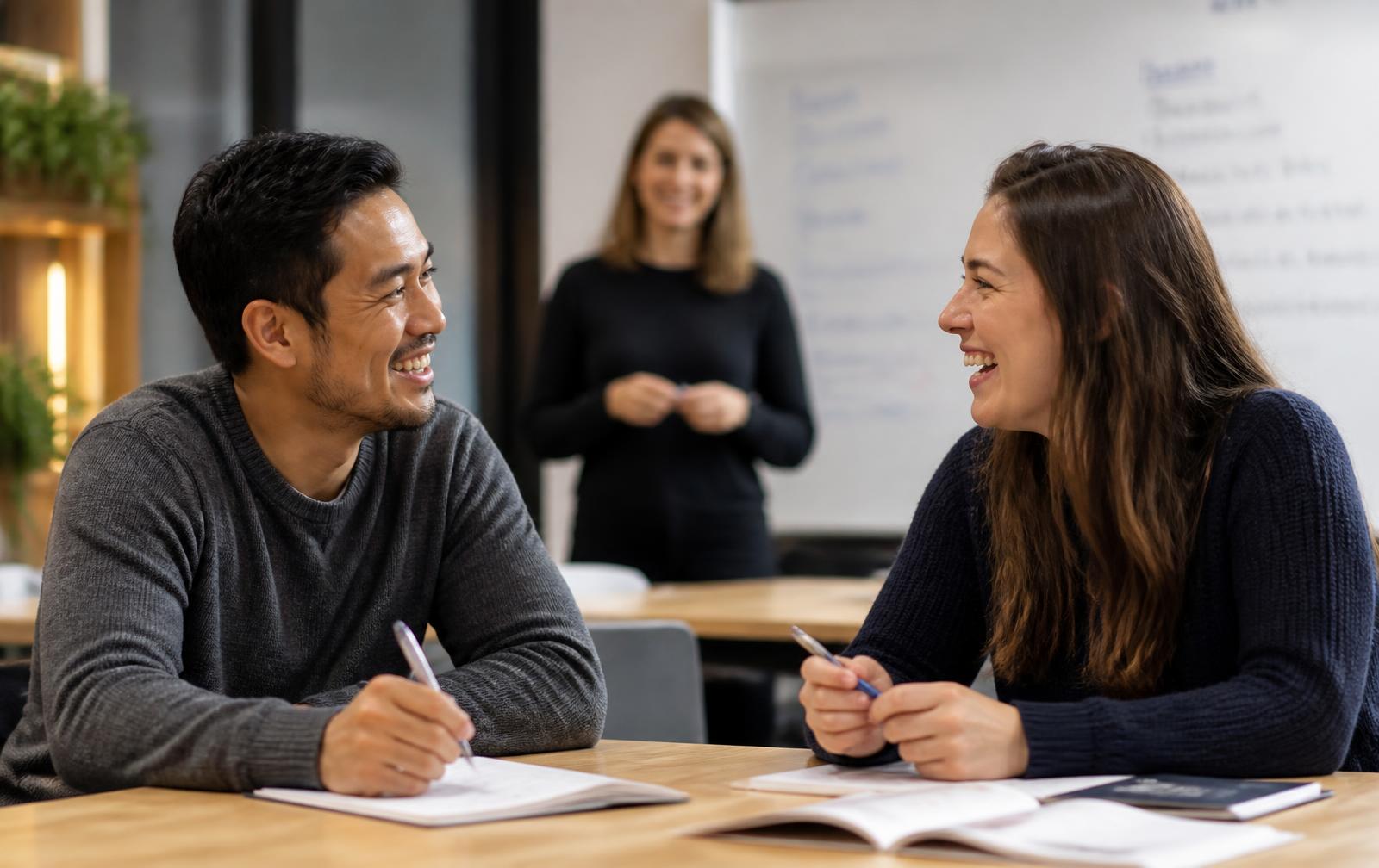 Two learners practising conversation while a trainer listens