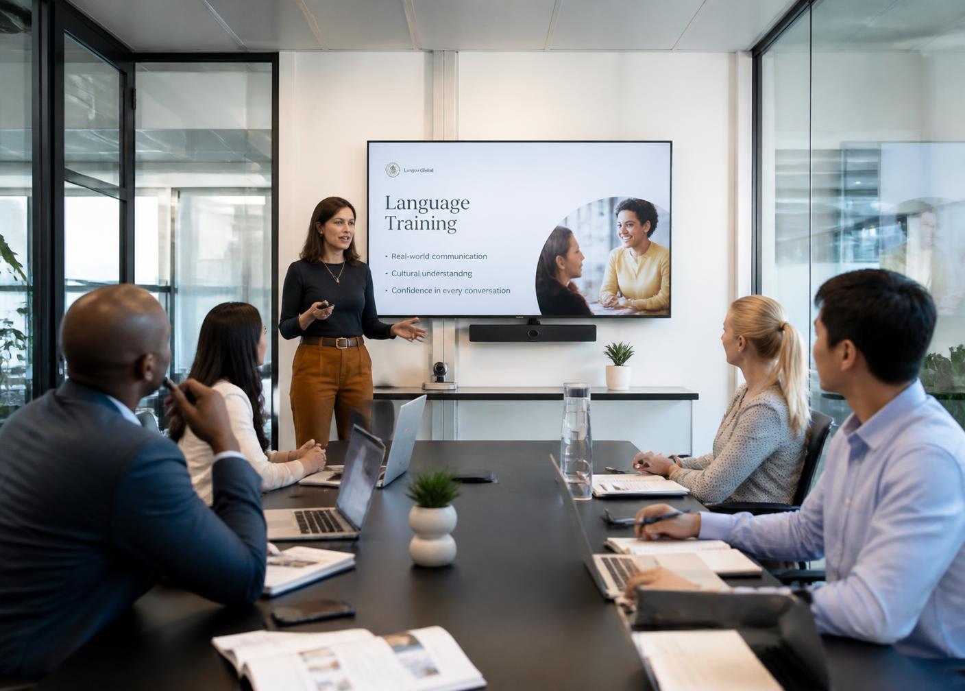 A trainer delivering a language session to a corporate team