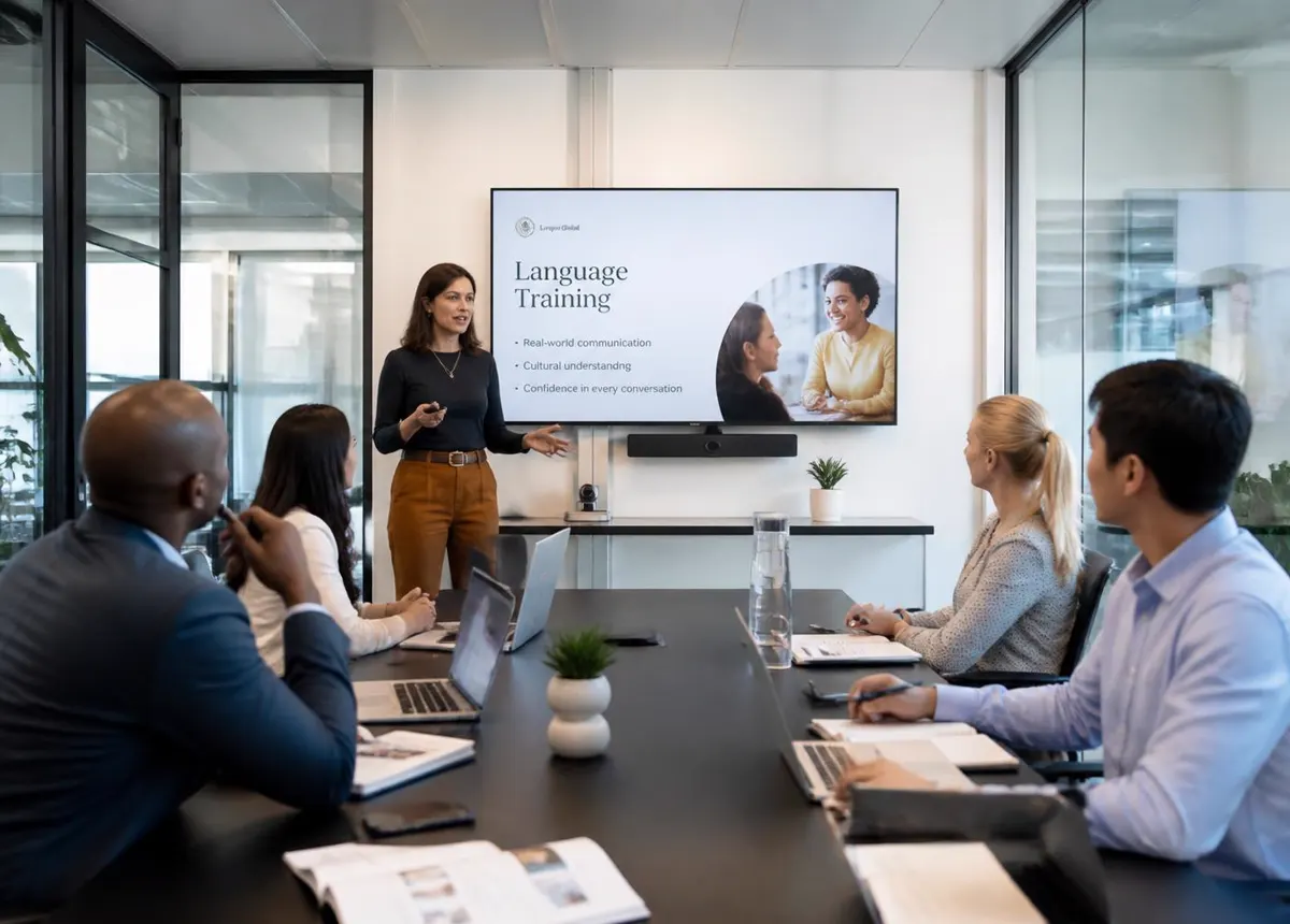 A corporate language training session in progress