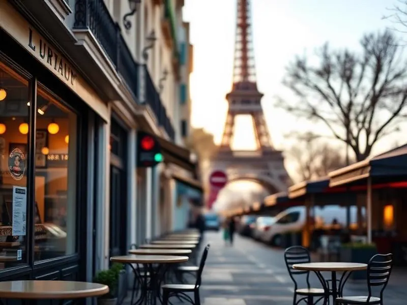 A Paris street cafe with the Eiffel Tower in the distance