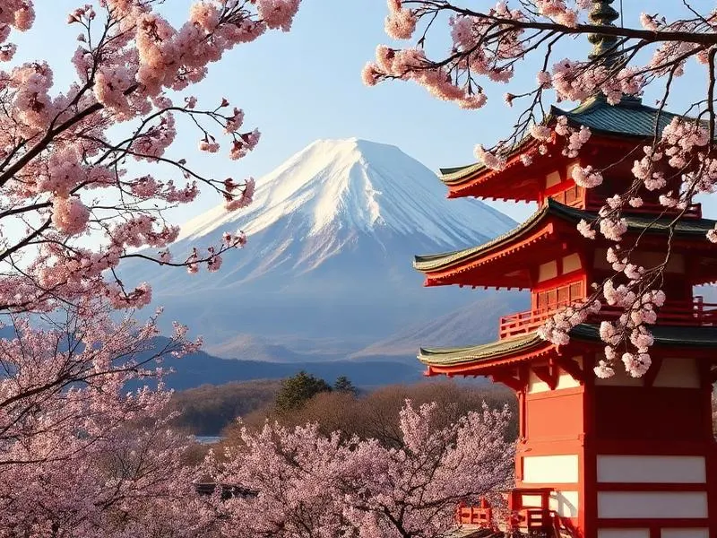 Mount Fuji framed by cherry blossom and a red pagoda