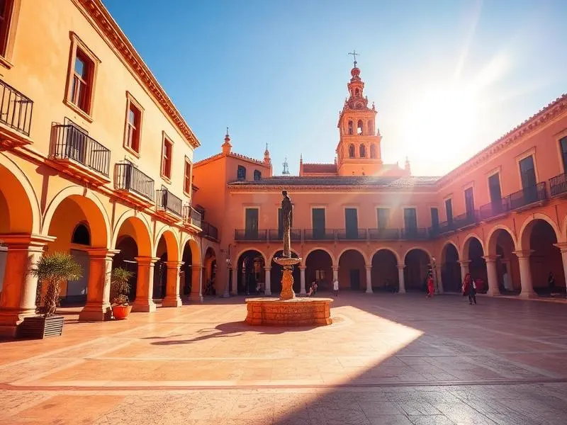 A sunlit Spanish plaza with terracotta architecture